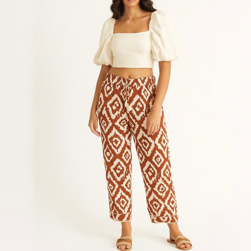 NWT Haute Hippie Wide Leg Cotton Pants Medium Tribal Boho Cinnamon Cream